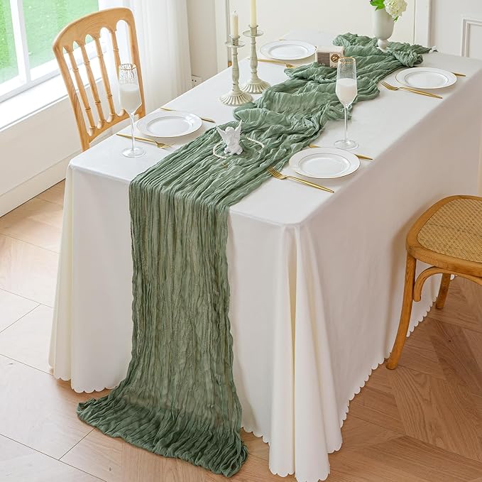 Sioloc 1 Pack Sage Green Cheesecloth Table Runner Fall Autumn Decor for Home 10ft Table Cloth for Tea Wedding Birthday Party Baby Bridal Shower Halloween Thanksgiving