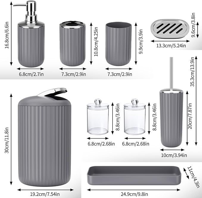 9PCS Gray Bathroom Accessories Set Complete with Trash Can, Vanity Tray, Soap Dispenser, Soap Dish, Toothbrush Holder, Toothbrush Cup, Toilet Brush and Qtip Holders