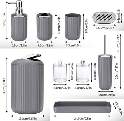 9PCS Gray Bathroom Accessories Set Complete with Trash Can, Vanity Tray, Soap Dispenser, Soap Dish, Toothbrush Holder, Toothbrush Cup, Toilet Brush and Qtip Holders