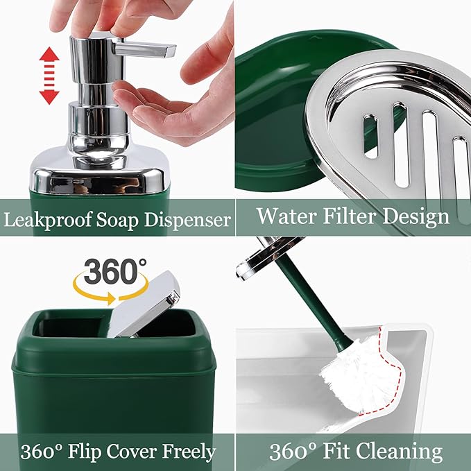 Dark Green Bathroom Accessories Set, Green Bathroom Set with Trash Can, Toothbrush Holder, Toothbrush Cup, Soap Dispenser, Soap Dish, Toilet Brush Holder, 2 Qtip Holder Dispensers and Tray