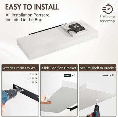 30 Inch Floating Shelves, 12" Deep Floating Shelf Wall Mounted, 30" Wall Shelves, Rustic Deep Bookshelf, Extra Deeper & Thicker Display Shelves for Bedroom, Living Room, White, Set of 2