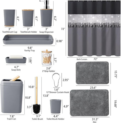 Bathroom Accessories Set with Glitter Shower Curtain and Bath Mats, 24 Piece Grey Shower Curtain Set,Bathroom Accessories Set Complete for Home Decor