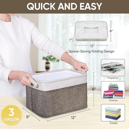 BALEINE 4 Pack Fabric Storage Bins for Shelves, Linen Storage Baskets for Organizing, Decorative Closet Bins for Clothes, Home (Brown, 12"x8"x8")