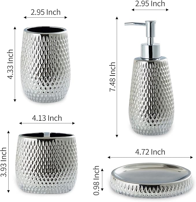 Silver Bathroom Accessory Set 4 Piece Ceramic Bath Accessories Sets Complete, Rain- Drop Shaped Bathroom Essential with Toothbrush Holder & Dish, Tumbler, Soap Dispenser Set for Bath Decor