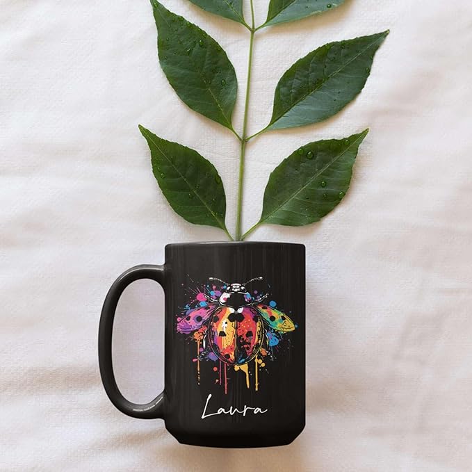 Personalized Choose Name Ladybug Coffee Mug, Colorful Ladybug Animal Design Cup, Customized Ladybug Lover Ceramic Mug, Gift For Christmas, Custom Animal Black Cup 11oz 15oz, Ladybug Mug