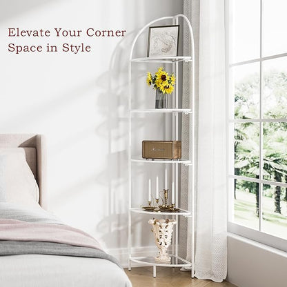Crofy Foldable 5 Tier Corner Shelf, Metal Corner Plant Stand with White Frame and Transparent Shelves, Corner Display Rack Multipurpose Shelving Unit for Living Room, Bedroom, Bathroom