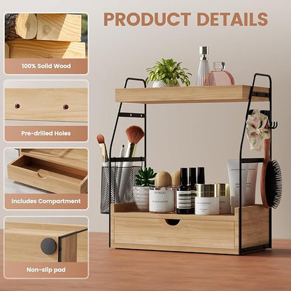 2 Tier Bathroom Counter Organizer with Drawer & Basket, Wooden Vanity Tray Countertop Shelf Accessories for Makeup Storage, Coffee Bar Station, Perfume Skincare, Kitchen, Bedroom (Brown)