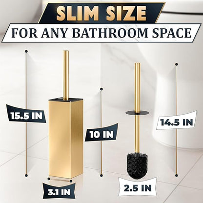 Stainless Steel Toilet Brush and Holder Set Gold & Square Design - Corrosion and Scratch-Resistant Gold Toilet Brush and Holder Set with Splash Protection - for Deep & Effective Bathroom Cleaning