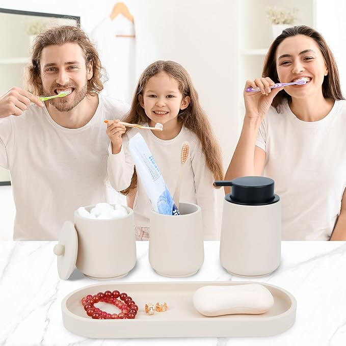 Beige Bathroom Accessories Set - 4 Pcs Bathroom Accessory Sets with Toothbrush Holder,Lotion Soap Dispenser,Qtip Holder Dispensr & Vanity Tray,Bathroom Countertop Vanity Oganizer - Beige