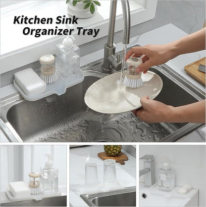 Silicone Bathroom Soap Dishes with Drain Spout-Bathroom and Kitchen Sink Organizer,Sponge Holder,Dish Soap Tray,Perfect for Dispenser,Scrubber,Bottle,Cup on Counter Translucent 9.6"×5.3"