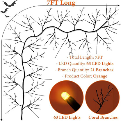 7 Ft Halloween Decorations Willow Vine Twig Garland with 8 Modes Timer 63 LED Orange Lights, Halloween Garland with Waterproof Battery Operated for Wall Fireplace Decorations Indoor Outdoor