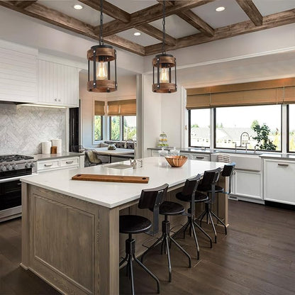 Rustic Farmhouse Wood Pendant Light Fixture One-Light Adjustable Chain Oak Wood and Metal Lantern Drum Small Pendant Lighting for Kitchen Island Sink Hallway Farmhouse Bathroom Bar, Black