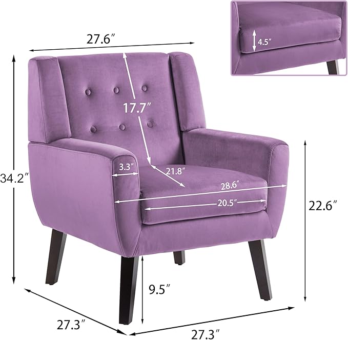 UIXE Accent Chair Modern Upholstered Armchair, Mid Century Club Arm Chairs Comfy Single Sofa Living Room Button Tufted Reading Seat Bedroom Side Seating, Velvet-Purple