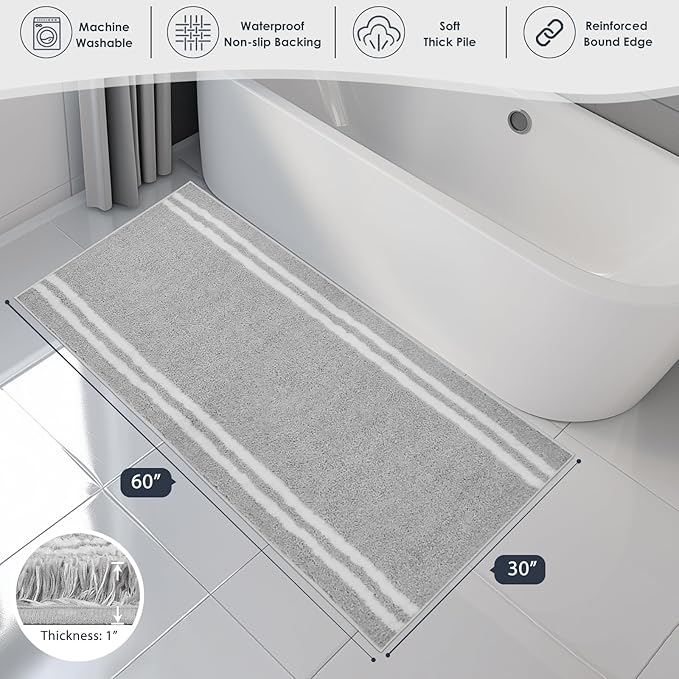 PURRUGS Bathroom Rug Non-Slip Machine Washable 30" x 60", Super Absorbent and Quick Dry Shaggy Microfiber Bath Mat, Extra Soft and Plush Bath Rug for Bathtub, Shower and Sink, Light Grey