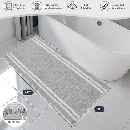 PURRUGS Bathroom Rug Non-Slip Machine Washable 30" x 60", Super Absorbent and Quick Dry Shaggy Microfiber Bath Mat, Extra Soft and Plush Bath Rug for Bathtub, Shower and Sink, Light Grey