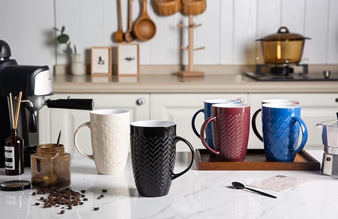 AmorArc Large Coffee Mugs Set of 6, 20oz Ceramic Tall Coffee Mugs Set with Textured Geometric Patterns for Coffee/Tea/Beer/Hot Cocoa, Dishwasher & Microwave Safe, Black&Beige