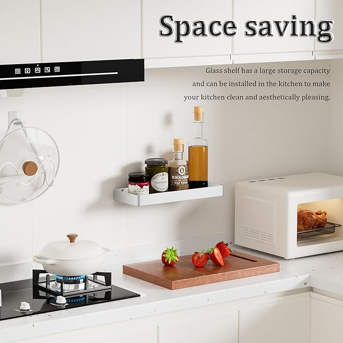 Alise Glass Bathroom Shelf, Brushed Nickel 11.8 Inch Rectangular Floating Shelves for Bathroom, Showers, Vanities, Kitchens,SUS304 Stainless Steel Glass Shelf for Toilet Room Decoration