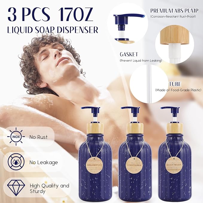 32PCS Bathroom Sets with Shower Curtain and Rugs Navy Blue Shower Curtain Set 3PCS Soap Dispenser Bathroom Accessories with Bathroom Trash Can