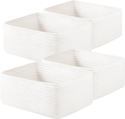 OIAHOMY 4 Pack 14.17*11.02*6.3IN Storage Baskets for Organizing Shelves, Woven Rope Baskets for Organizing Books, Clothes, Decorative Basket for Living Room, Nursery, Bedroom, Gift Basket, White