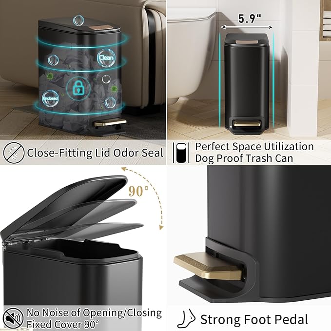 Bathroom Accessories Set- 8PC Black Bathroom Set, Luxury Bathroom Set with Stainless Steel Bathroom Trash Can, Toilet Brush, Toothbrush Holder & Soap Dispenser