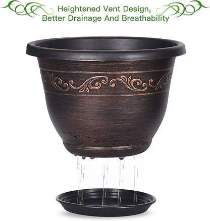 Plastic-Plant-Flower-Planters-16 Inch with Drainage Hole & Saucer, 3 Packs Lightweight Small Resin Flower Pot Indoor Outdoor, Retro Antique Imitation Decorative Garden Containers Sets for Houseplants