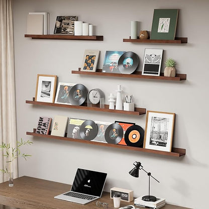 SAUMONIERES Picture Ledge Shelf Floating Book Shelves Set of 2 Wall Mounted Solid Wood for Bedroom Bathroom Living Room Kitchen, 72 Inch Walnut