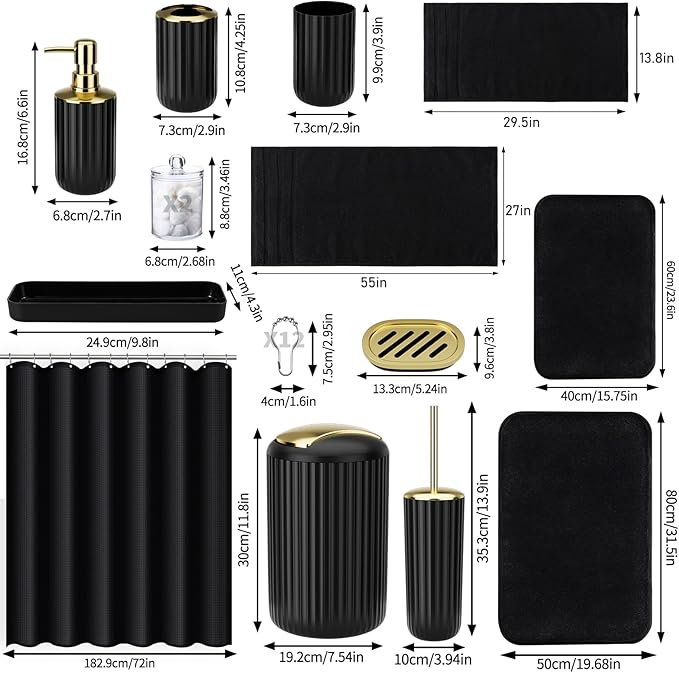 Black Bathroom Accessories Set - 26PCS Black Bathroom Set with Shower Curtain, Rugs, Shower Curtain, Trash Can, Toilet Brush, Soap Dispenser and Toothbrush Set
