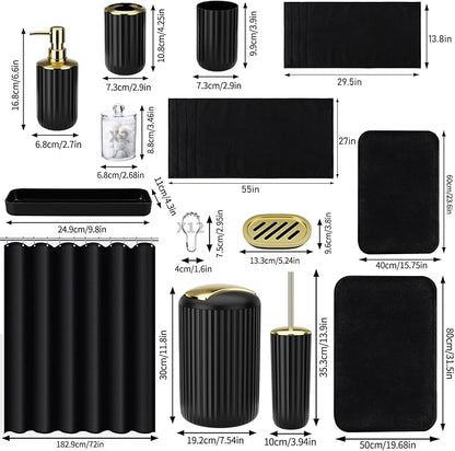 Black Bathroom Accessories Set - 26PCS Black Bathroom Set with Shower Curtain, Rugs, Shower Curtain, Trash Can, Toilet Brush, Soap Dispenser and Toothbrush Set