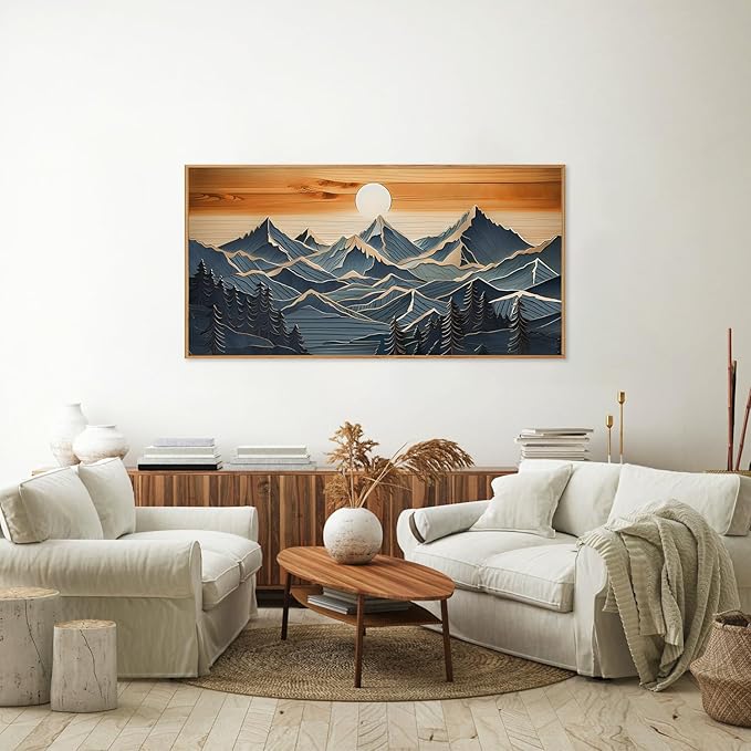 Tinonedraw Metal Mountain Framed Canvas Wall Art, Boho Mountains Forest Artworks, Mid Century Modern Blue Ridge Wall Decor, Vintage Nature Sunset Art Print for Living Room Bedroom Office 20"x40"