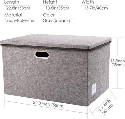 PRANDOM Extra Large Collapsible Storage Bins with Lids [5-Pack] Linen Fabric Foldable Storage Baskets Boxes Organizer Containers Cube with Cover for Bedroom Closet Office Nursery (22.8x15.75x13.8)