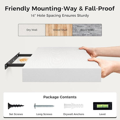 12 Inch Deep White Floating Shelves, 24 x 12 Floating Shelf for Books, Rustic Wood Deep Wall Shelves for Home Storage & Display, 2" Thicked Shelves for Kitchen, Living Room, Bedroom, 1 Pack