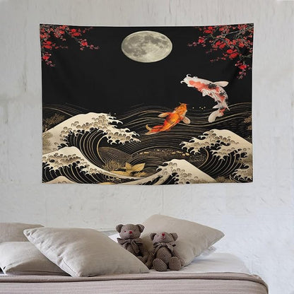 Houselerax Koi Fish Tapestry, Japanese Style Yin Yang Big Wave Cherry Blossom Tapestries Wall Hanging for Bedroom Living Room Office Decor 40"x30"