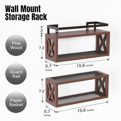 RICHER HOUSE Floating Wood Shelves with Guardrail, Rustic Brown, Wall Mounted, 2 Shelves, Farmhouse Style