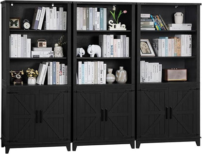 70in Tall Bookshelf 5 Tier Bookcase with Barn Doors and Adjustable Shelves, Black Farmhouse Book Shelf with Storage Cabinet, Wood Freestanding Display Bookshelves for Bedroom, Kitchen (3PCS)