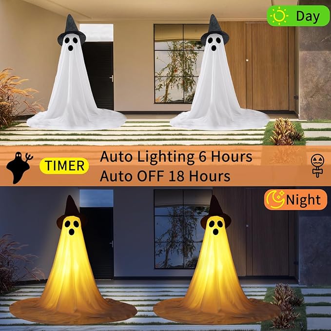 2 Packs Halloween Ghost Outdoor Decorations, 59” Light Up Ghost Decor with Remote Control, Adjustable Height Standing Halloween Lighted Ghost Kit with Witch Hat Ideal for Porch, Garden, Yard