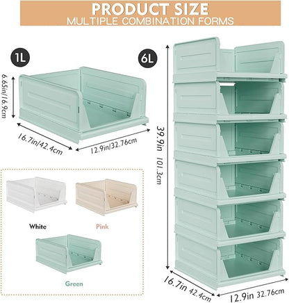 6 Pack Stackable Closet Storage Basket - Stackable Storage Bins, Multifunctional & Foldable Closet Organizer, Wardrobe Cupboard Space-Saving Hat Storage Drawer Organizer, Green