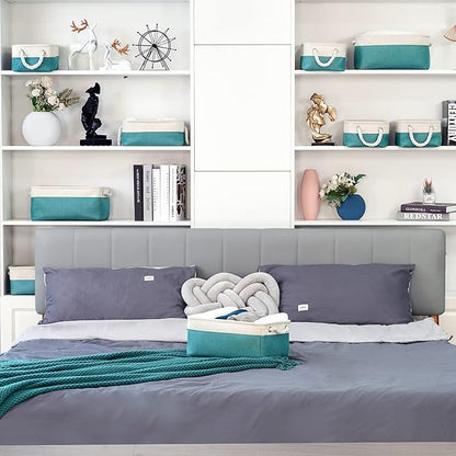 TheWarmHome Fabric Storage Bin with Handles,Storage Basket for Home Storage and Organization, Shelf Basket with Cover for Living Room Bedroom Decor Closet（White & Green,Small ,11.8L×7.9W×5.2H