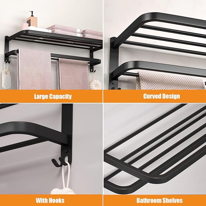 DDS-DUDES Black Towel Racks for Bathroom Towel Shelf with Double Towel Bars Lavatory Wall Mount Holder with Hooks Stainless Steel Hotel Bath Rack (Matte Black 15 inches)