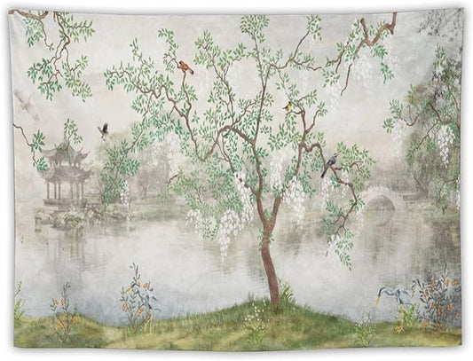 HZOHNAGO Japanese Tapestry Tree Misty Garden Lake Printed Wall Tapestry Ink Painting Wall Hanging for Bedroom Living Room Dorm 40" W x 30" H