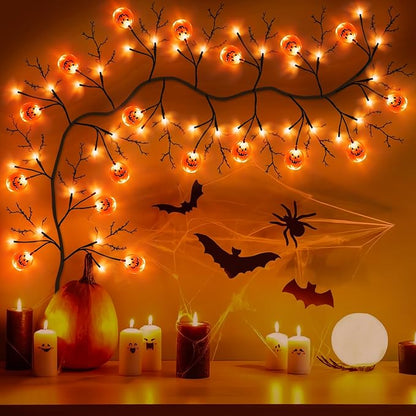 7 Ft 63 LED Halloween Decorations Willow Vine Twig Garland with 8 Modes Timer 21 Pumpkin Orange Lights, Halloween Garland with Waterproof Battery Operated for Indoor Wall Fireplace Decorations
