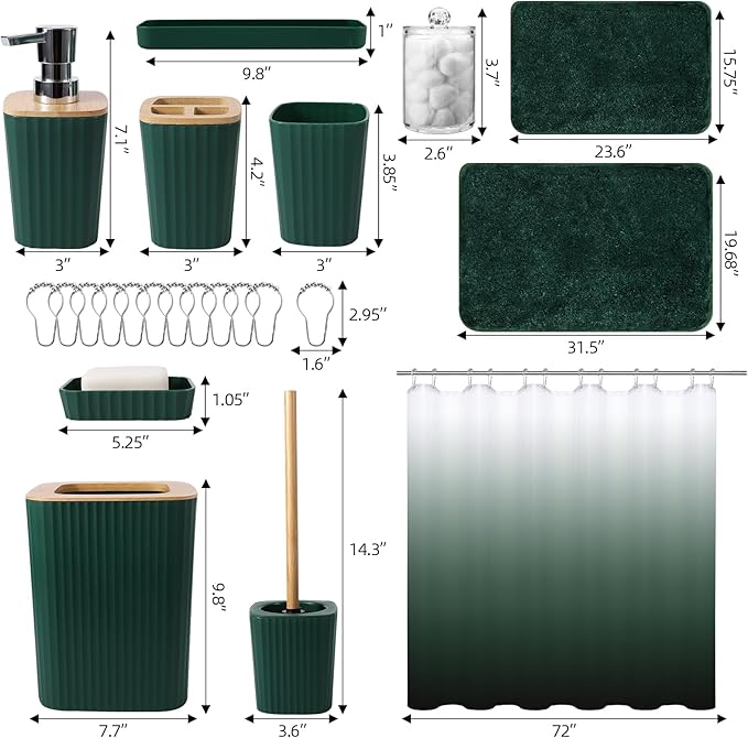 Dark Green Bathroom Accessories Set with Ombre Shower Curtain and Bathroom Rugs,Bathroom Sets with Trash Can,Toothbrush Holder and Cup,Soap Dispenser,Tray,Soap Dish,Toilet Brush,Qtip Holders