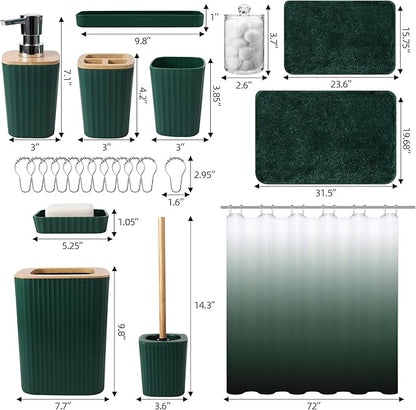Dark Green Bathroom Accessories Set with Ombre Shower Curtain and Bathroom Rugs,Bathroom Sets with Trash Can,Toothbrush Holder and Cup,Soap Dispenser,Tray,Soap Dish,Toilet Brush,Qtip Holders