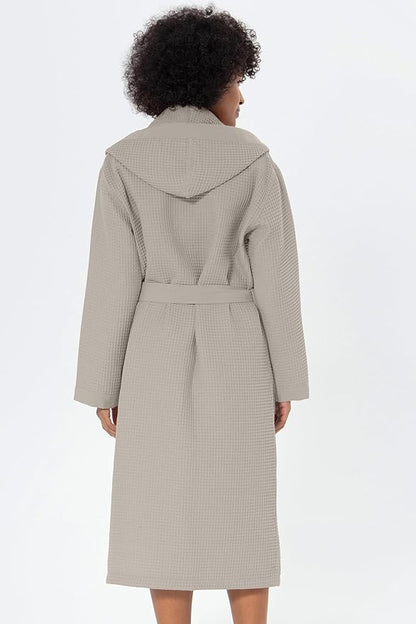 Women’s Luxury Waffle Shawl Collar, Hooded Robe w Piping – Lightweight, Long, Ultra Soft Spa Sleepwear Bathrobe