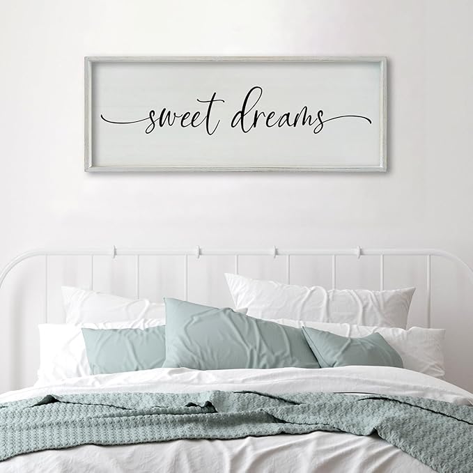 SRSZHIYUE Sweet Dreams Above Bed Wall Decor, 40"x15" Large Rustic Master Bedroom Over Bed Sign Guest Room Couples Wood Framed Farmhouse Horizontal Hanging Decoration (White)