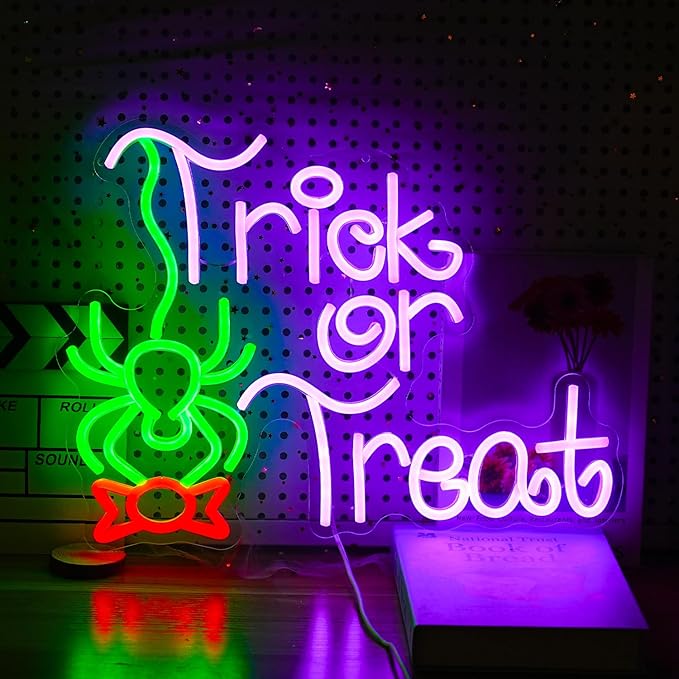 Trick Or Treat Neon Sign Funny Spider Candy LED Neon Light for Wall Decor Dimmable USB Halloween Light Up Sign for Halloween Party Home Neon Decor (16.7 * 12.8In)