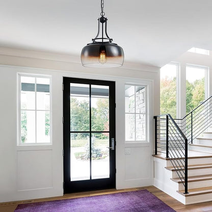 WUZUPS Chandelier Rustic Farmhouse Industrial Round Ceiling Pendant LED Light Fixture with Amber Gradient Black Glass Shades for Dining Room Kitchen Island Foyer Entryway, H 17" x W 13.4", E26 Base