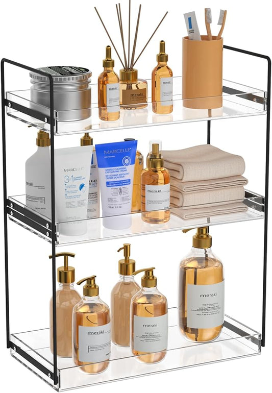 Bathroom Countertop Organizer, 3 Tier Metal Vanity Counter Skincare Shelf, Matte Black Under Sink with Acrylic Tray, Home Storage Holder for Makeup Cosmetics Perfume Spice,Black+Clear