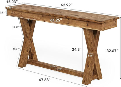 Solid Wood Console Table, 63-Inch Farmhouse Entryway Table with X-Shaped Legs, Real Wood Behind The Couch Table for Living Room, Entrance, Hallway, Easy Assembly