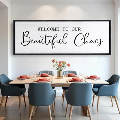 Welcome To Our Beautiful Chaos Sign Wall Decor Framed Wood 32X12 Inch For Rustic Home Living Room Entryway Bedroom Hanging Art (Black)