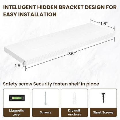 36 Inch Floating Shelves, 12 Inch Deep Floating Shelves for Wall, Floating Shelf with Invisible Brackets, Large Deep Wall Shelves for Bathroom, Bedroom, Living Room, 2 Pack, White